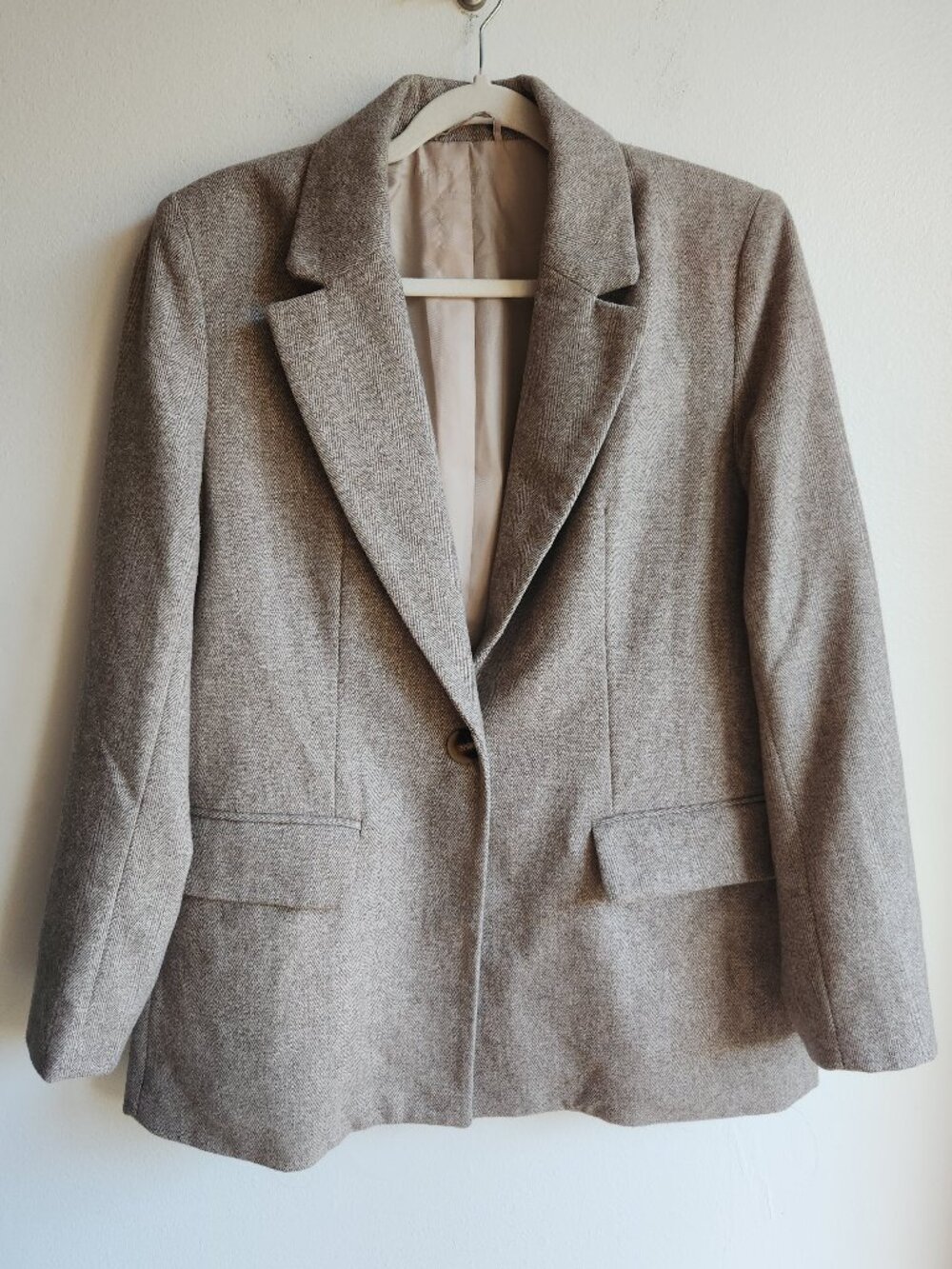 Zara Taupe Brown Herringbone Wool-Blend Blazer - SZ M